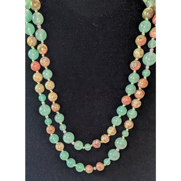 VTG 925 Sterling Silver India Stamped Jade Beaded Necklace Green Orange 33 Inch - Picture 2 of 5